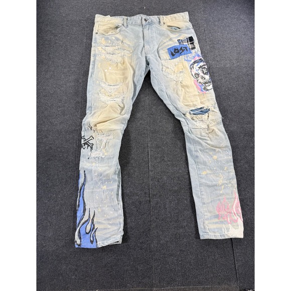 Smoke Rise Other - Smoke Rise DNM Co Mens Distressed Graphic Jeans Light Wash Skull Flame 38x34